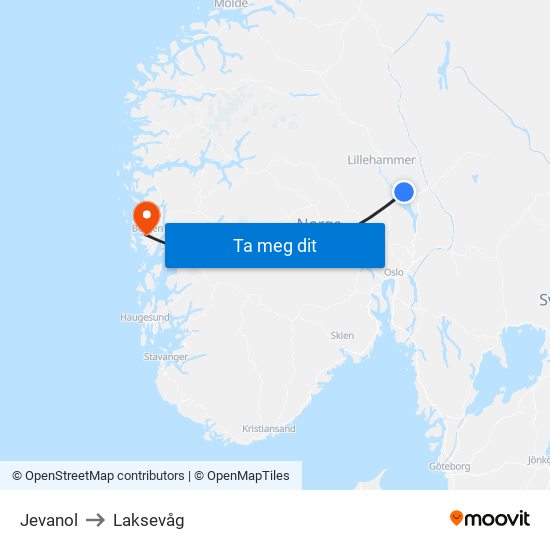 Jevanol to Laksevåg map