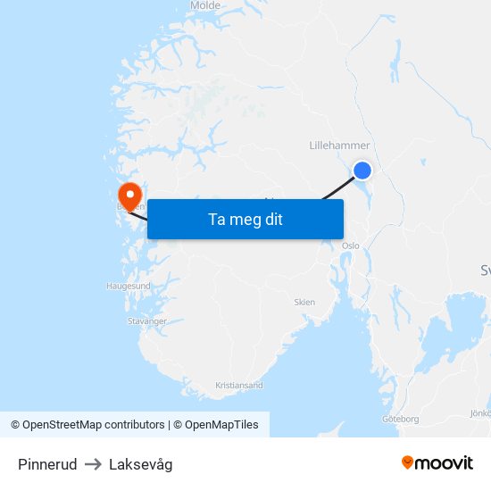 Pinnerud to Laksevåg map