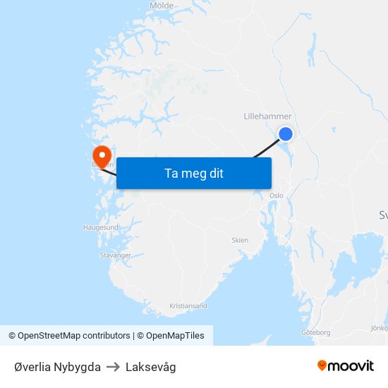 Øverlia Nybygda to Laksevåg map
