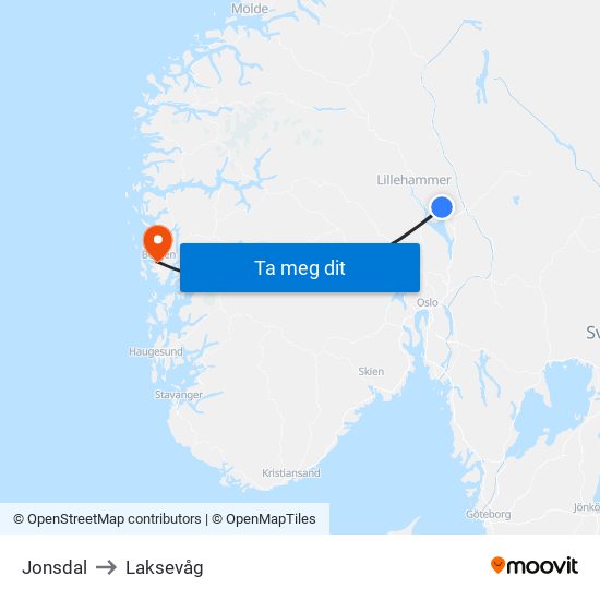 Jonsdal to Laksevåg map