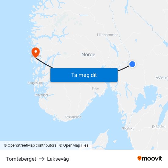 Tomteberget to Laksevåg map