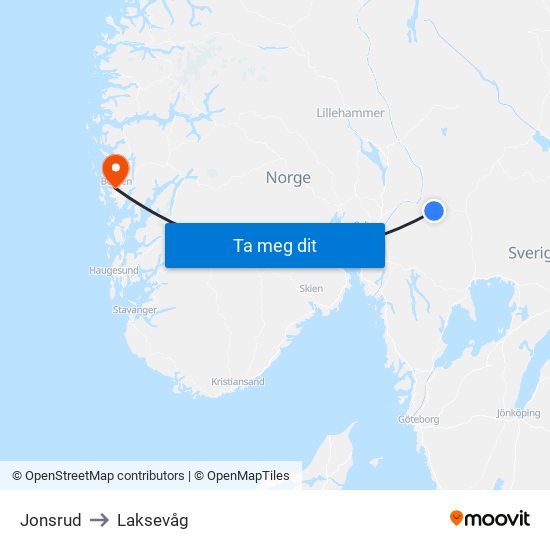 Jonsrud to Laksevåg map