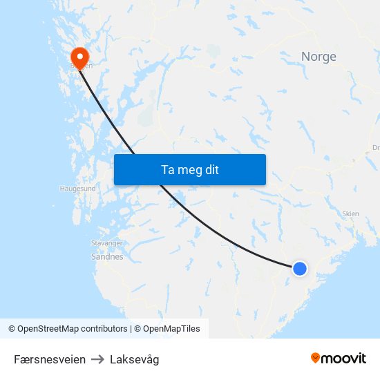 Færsnesveien to Laksevåg map