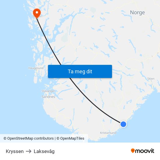 Kryssen to Laksevåg map