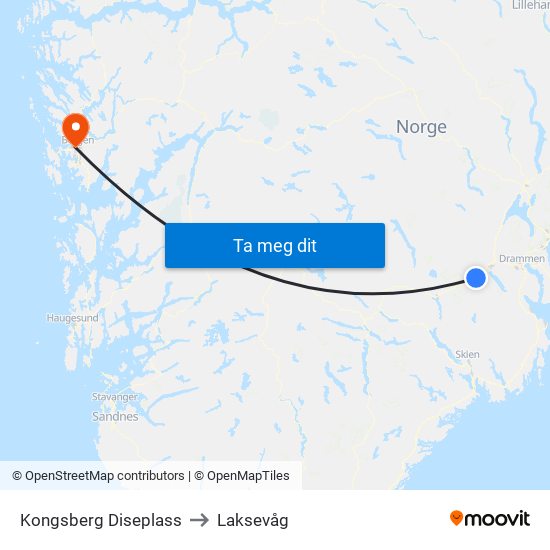 Kongsberg Diseplass to Laksevåg map