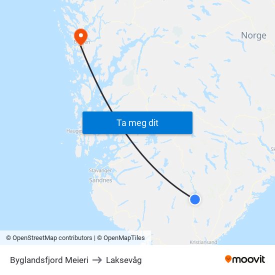 Byglandsfjord Meieri to Laksevåg map