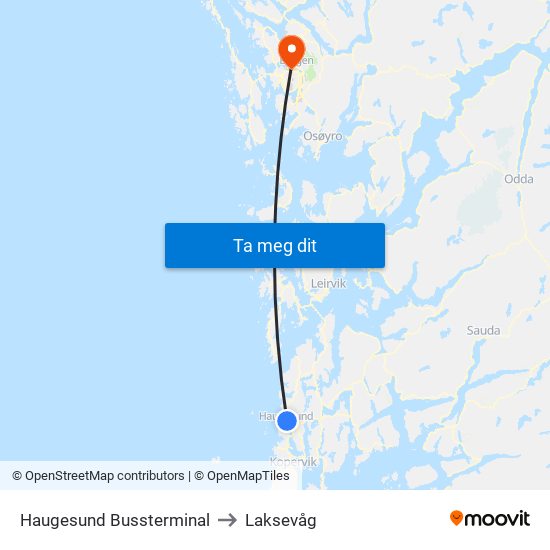 Haugesund Bussterminal to Laksevåg map