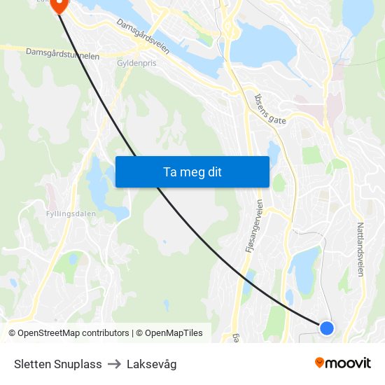 Sletten Snuplass to Laksevåg map