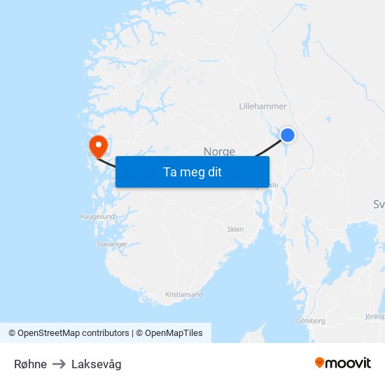 Røhne to Laksevåg map