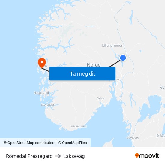 Romedal Prestegård to Laksevåg map