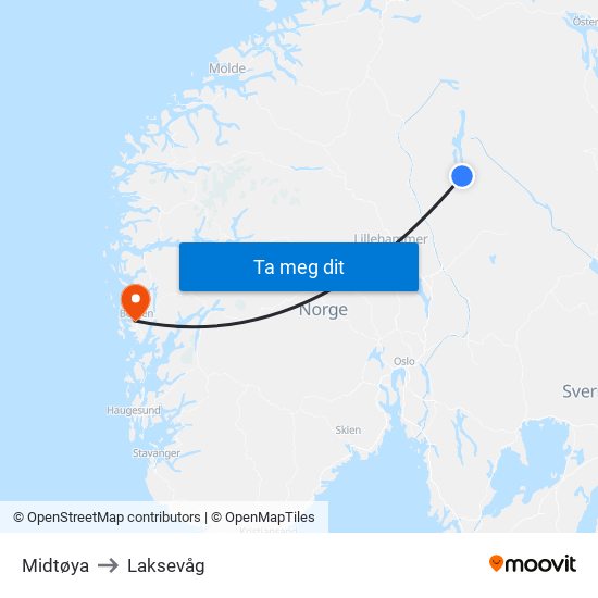 Midtøya to Laksevåg map