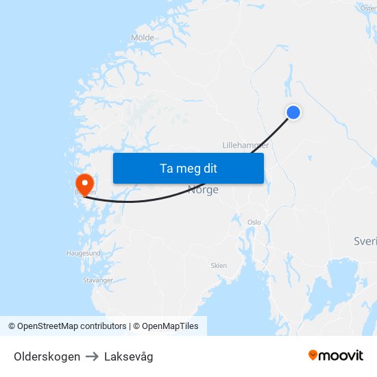 Olderskogen to Laksevåg map