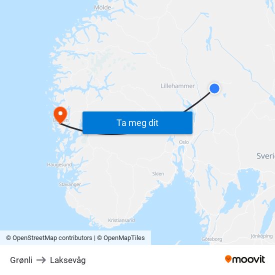 Grønli to Laksevåg map