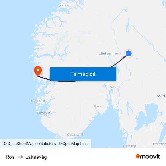 Roa to Laksevåg map