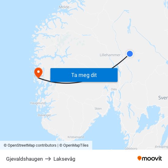 Gjevaldshaugen to Laksevåg map