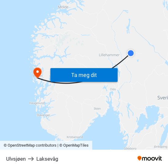 Ulvsjøen to Laksevåg map