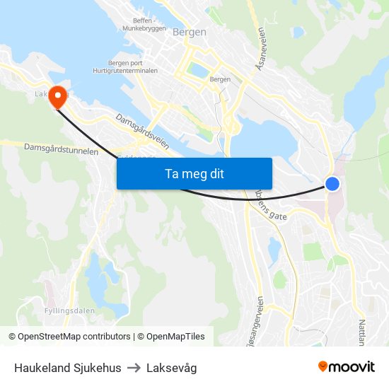 Haukeland Sjukehus to Laksevåg map