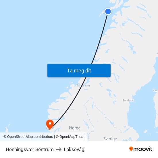 Henningsvær Sentrum to Laksevåg map