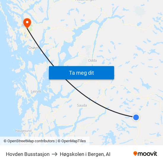 Hovden Busstasjon to Høgskolen i Bergen, AI map