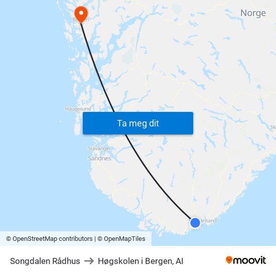 Songdalen Rådhus to Høgskolen i Bergen, AI map