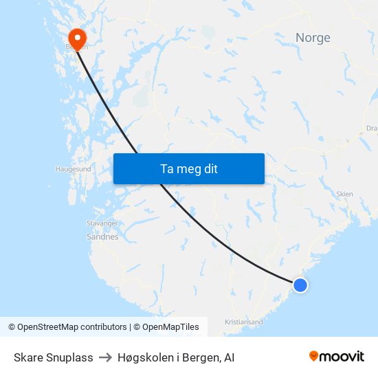 Skare Snuplass to Høgskolen i Bergen, AI map