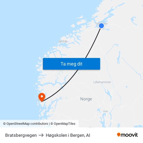 Bratsbergvegen to Høgskolen i Bergen, AI map