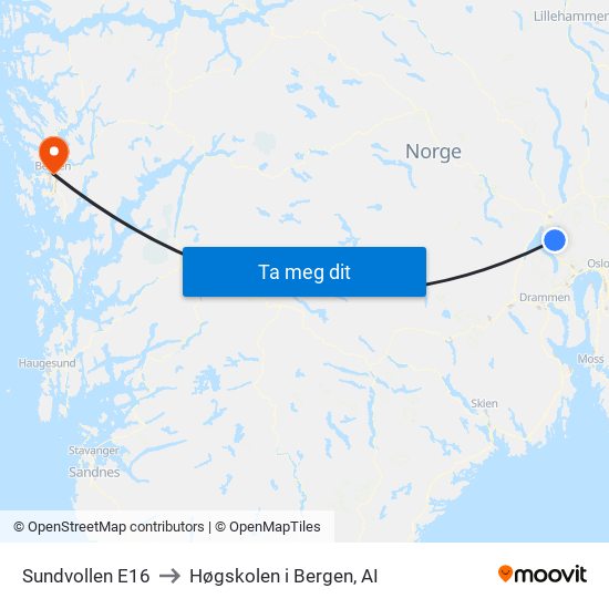 Sundvollen E16 to Høgskolen i Bergen, AI map