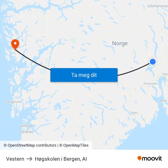 Vestern to Høgskolen i Bergen, AI map