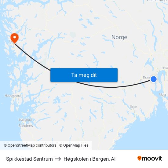 Spikkestad Sentrum to Høgskolen i Bergen, AI map