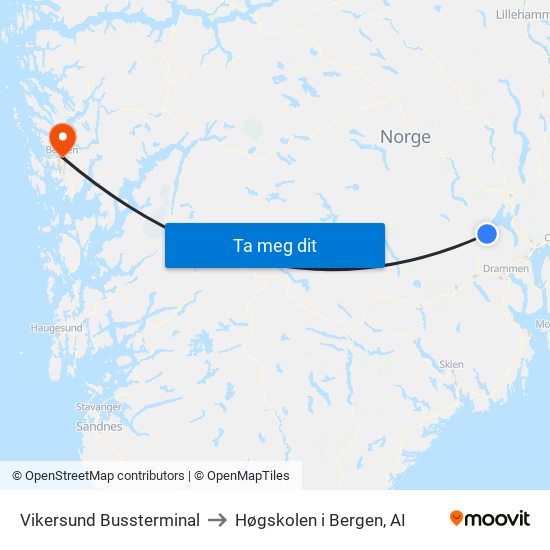 Vikersund Bussterminal to Høgskolen i Bergen, AI map