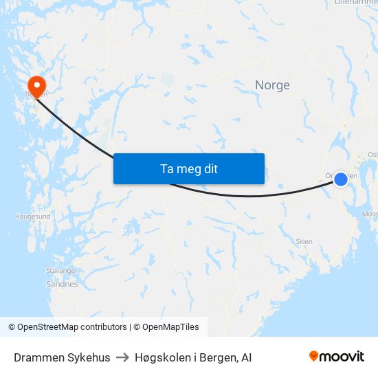 Drammen Sykehus to Høgskolen i Bergen, AI map
