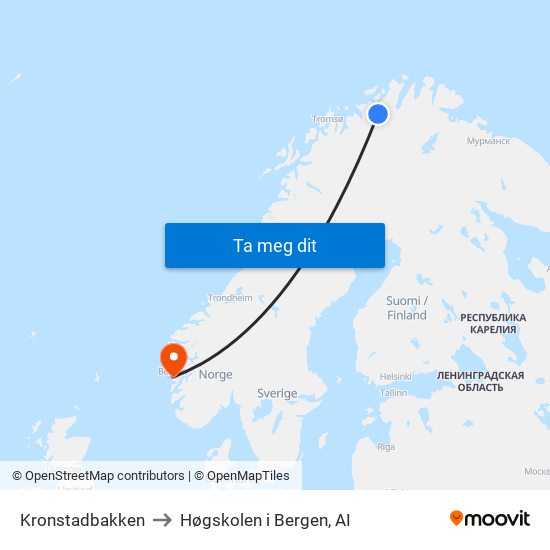 Kronstadbakken to Høgskolen i Bergen, AI map