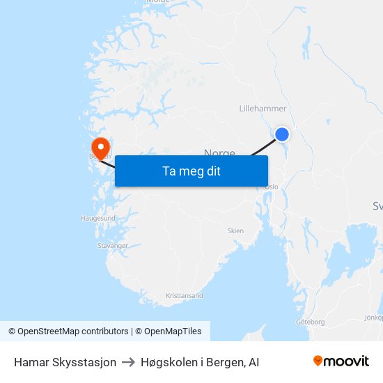 Hamar Skysstasjon to Høgskolen i Bergen, AI map