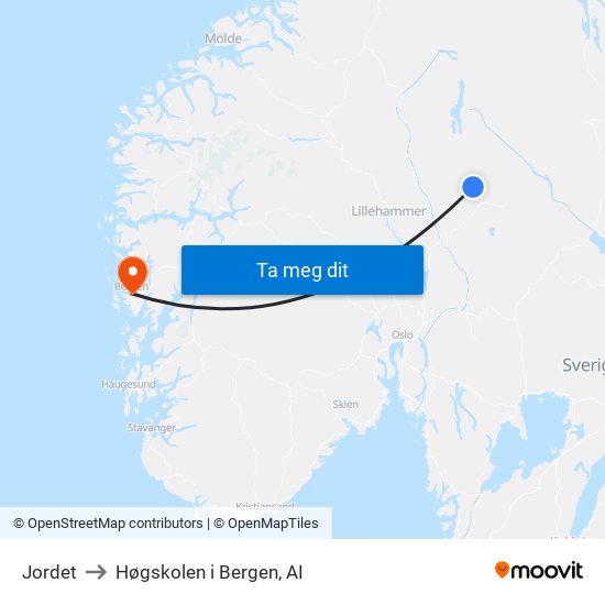 Jordet to Høgskolen i Bergen, AI map