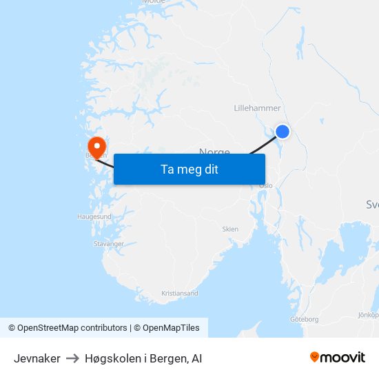 Jevnaker to Høgskolen i Bergen, AI map