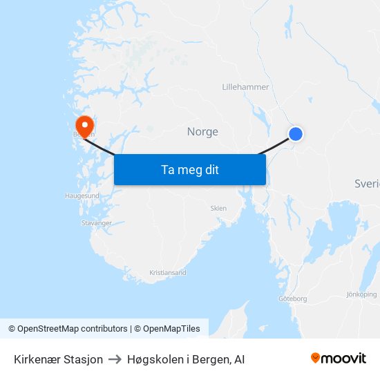 Kirkenær Stasjon to Høgskolen i Bergen, AI map
