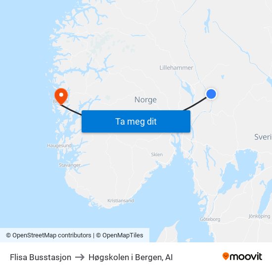 Flisa Busstasjon to Høgskolen i Bergen, AI map