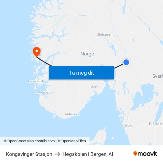 Kongsvinger Stasjon to Høgskolen i Bergen, AI map