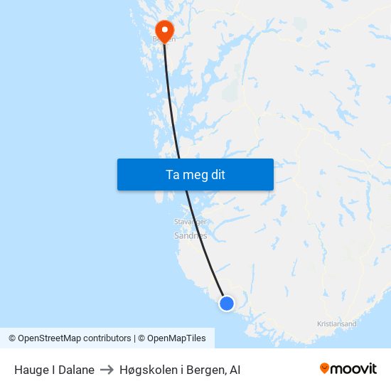 Hauge I Dalane to Høgskolen i Bergen, AI map