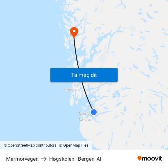 Marmorvegen to Høgskolen i Bergen, AI map