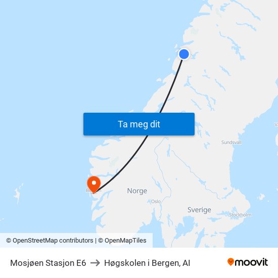 Mosjøen Stasjon E6 to Høgskolen i Bergen, AI map