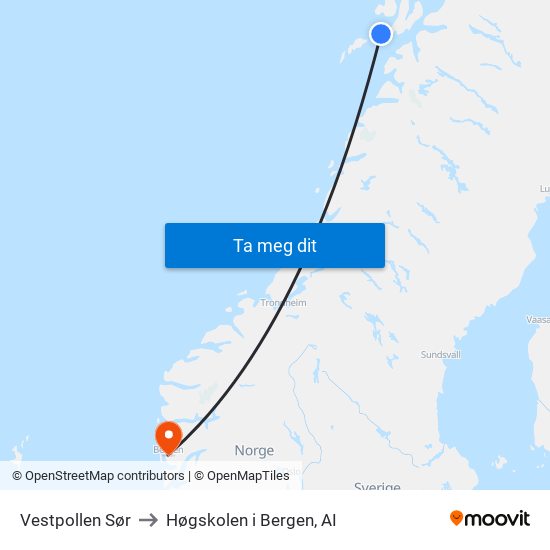 Vestpollen Sør to Høgskolen i Bergen, AI map