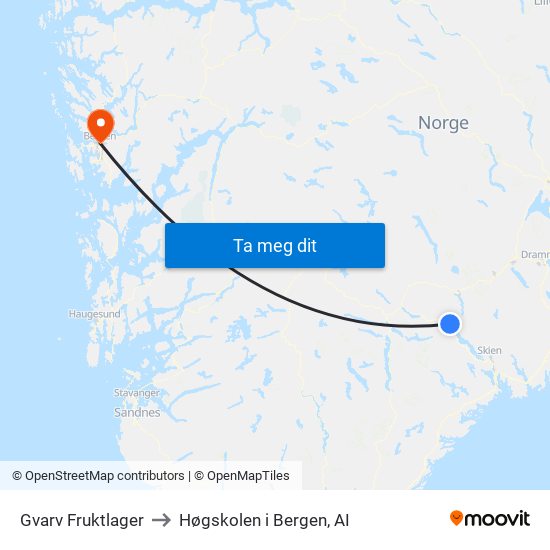 Gvarv Fruktlager to Høgskolen i Bergen, AI map