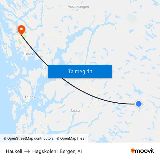 Haukeli to Høgskolen i Bergen, AI map