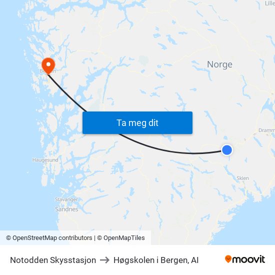 Notodden Skysstasjon to Høgskolen i Bergen, AI map