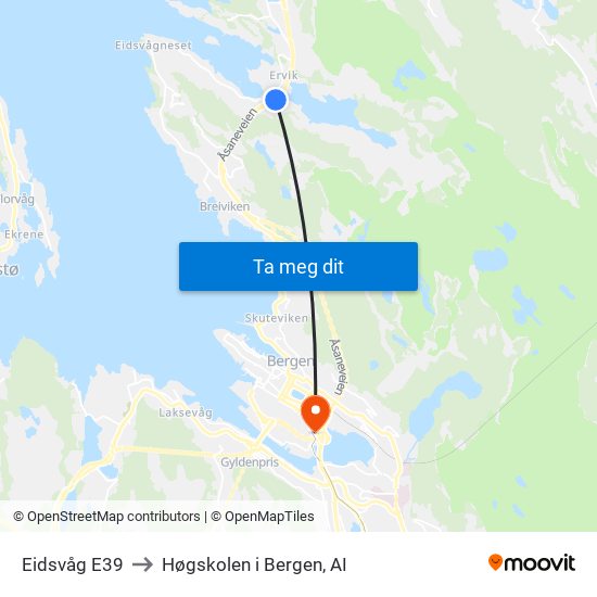 Eidsvåg E39 to Høgskolen i Bergen, AI map