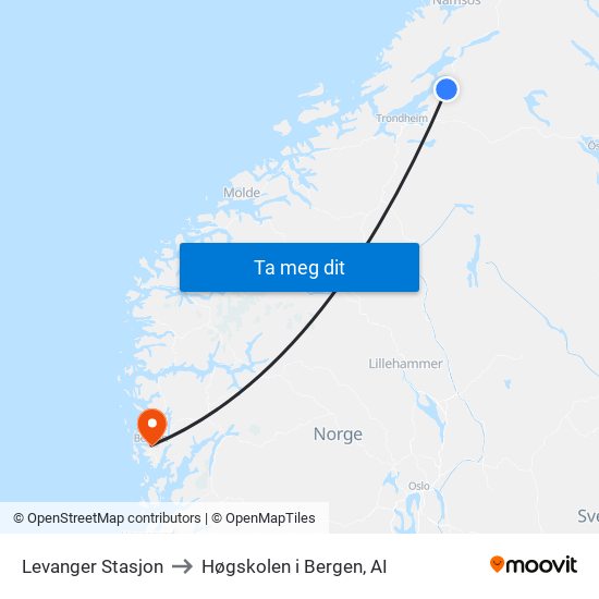 Levanger Stasjon to Høgskolen i Bergen, AI map