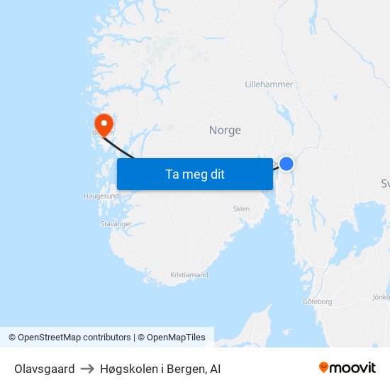Olavsgaard to Høgskolen i Bergen, AI map