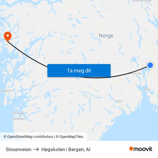 Sinsenveien to Høgskolen i Bergen, AI map