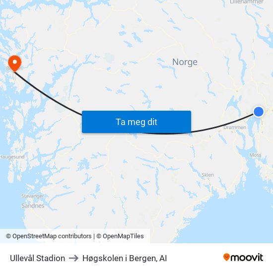 Ullevål Stadion to Høgskolen i Bergen, AI map